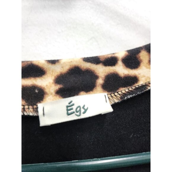 Egs Womens Black Animal Print Trim Tunic Top Medium Short Sleeve V Neck BOHO Tee - Picture 4 of 7